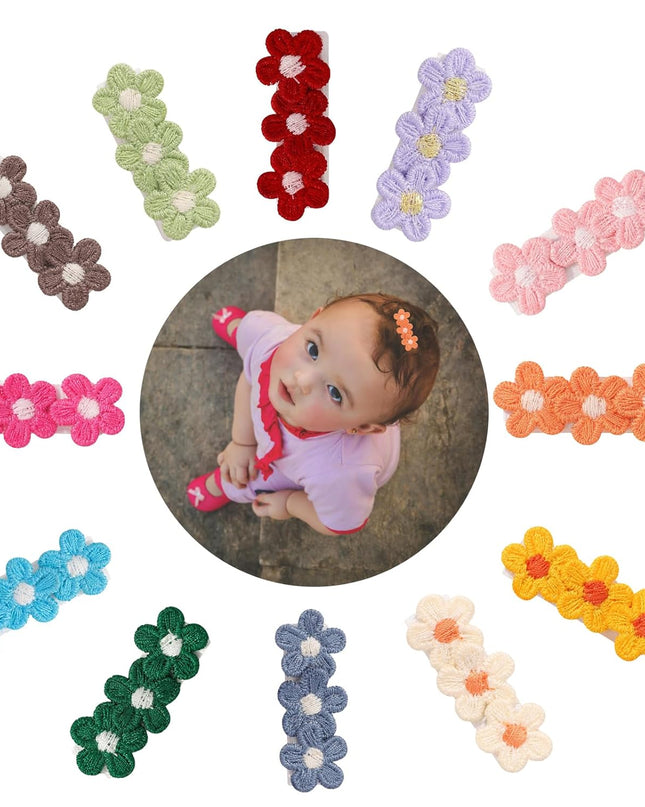 Baby Hair Clips -12Pcs Tiny Hair Barrettes for Baby Girls Fully Lined Wrapped by Soft Fabric Cloth Flower Hair Clips for Toddlers Girls Infants Kids