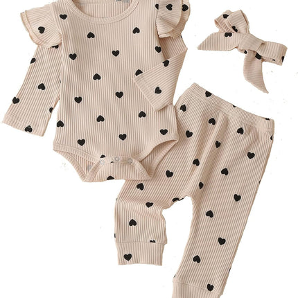Baby Girl'S 3Pc Rib Frill Long Sleeve Romper and Pant Set