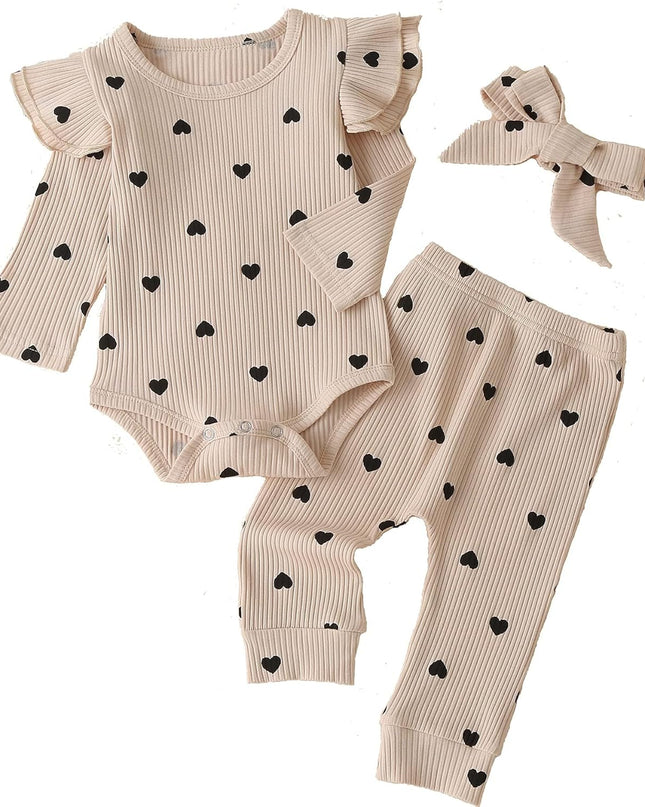 Baby Girl'S 3Pc Rib Frill Long Sleeve Romper and Pant Set