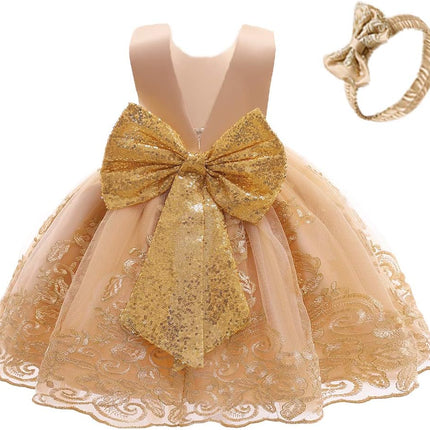 0-6T Big Bowknot Sequins Embroidered Lace Party Tutu Gown Toddler Baby Girls Dress with Headwear
