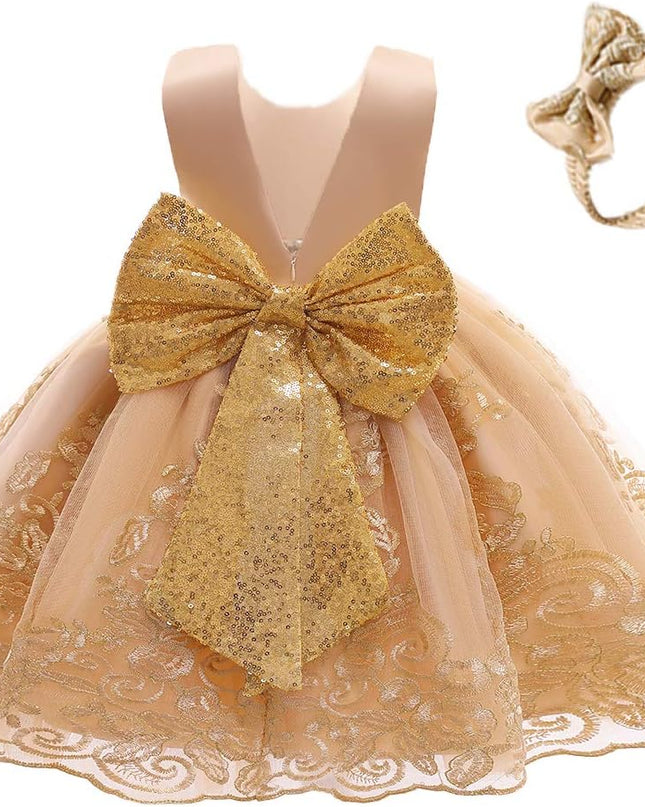 0-6T Big Bowknot Sequins Embroidered Lace Party Tutu Gown Toddler Baby Girls Dress with Headwear