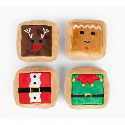 Midlee Gift Box Christmas Squares Sugar Cookie Plush Dog Toy-Reindeer, Gingerbread Man, Santa, Elf
