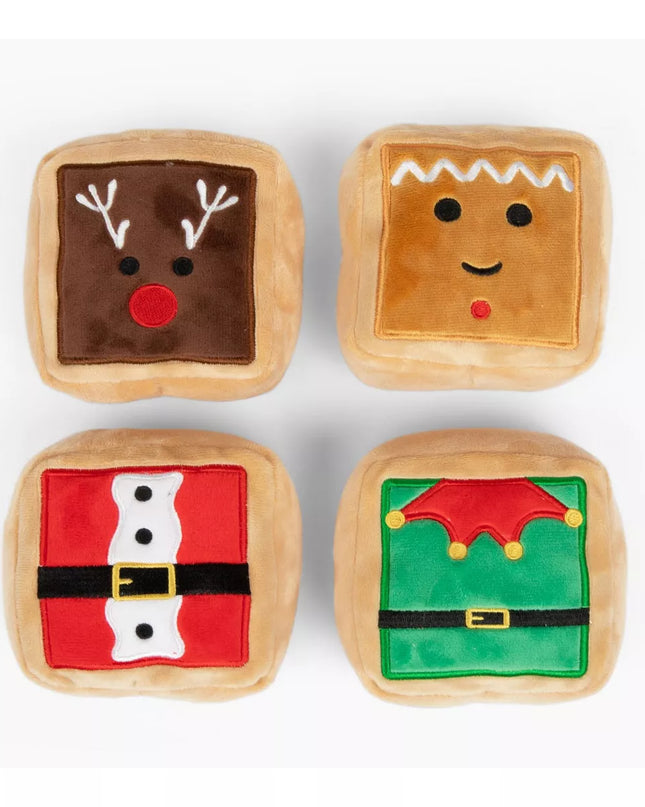 Midlee Gift Box Christmas Squares Sugar Cookie Plush Dog Toy-Reindeer, Gingerbread Man, Santa, Elf