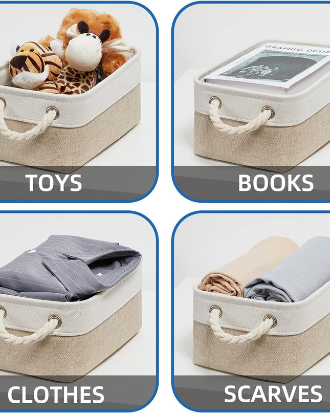 Small Fabric Storage Baskets 6 Pcs Decorative Baskets Bins for Gifts Empty Foldable Storage Basket with Handles for Organizing Shelf, Towels (White&Khaki,11.8 L X 7.9 W X 5.3 H Inches)