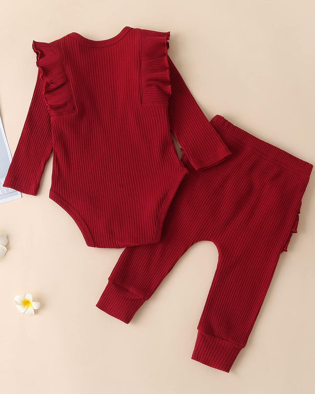 Baby Girl'S 3Pc Rib Frill Long Sleeve Romper and Pant Set