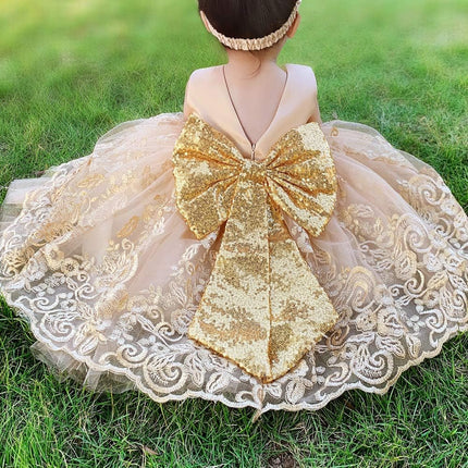 0-6T Big Bowknot Sequins Embroidered Lace Party Tutu Gown Toddler Baby Girls Dress with Headwear