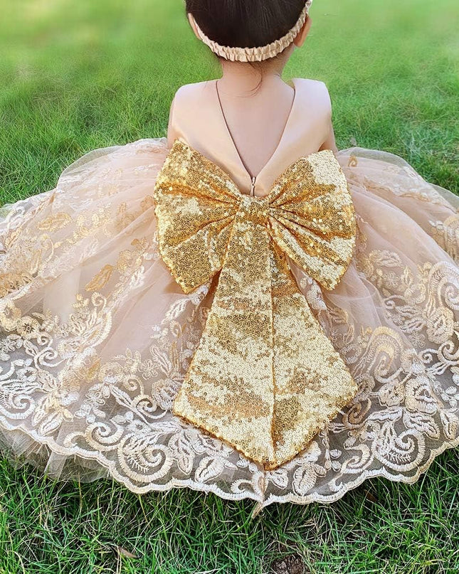 0-6T Big Bowknot Sequins Embroidered Lace Party Tutu Gown Toddler Baby Girls Dress with Headwear