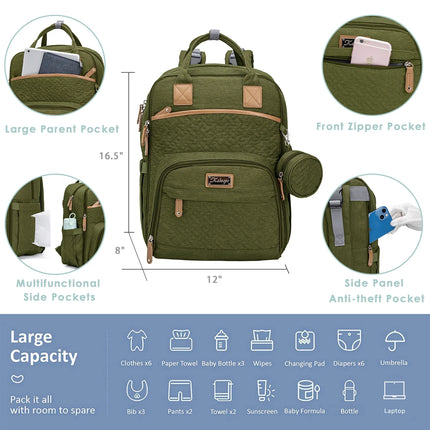 Diaper Bag Backpack with Insulated Milk Bottle Pocket, Large Baby Diaper Bag for Travel, Green