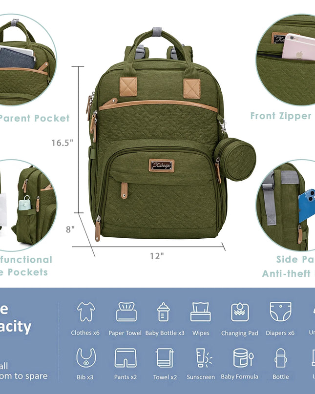 Diaper Bag Backpack with Insulated Milk Bottle Pocket, Large Baby Diaper Bag for Travel, Green
