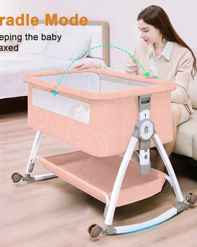 Baby Bassinet, 5-In-1 Infant Bedside Crib with Changing Table and Locked Wheel, Adjustable Height, for 0-24 Months, Pink