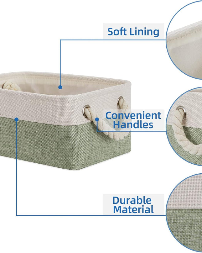 Small Storage Baskets Small Fabric Bins for Closet, 6 Pack Decorative Storage Boxes with Rope Handles for Organizing Clothes, Canvas Storage Basket(White&Green,11.8L X 7.9W X 5.3H Inches)