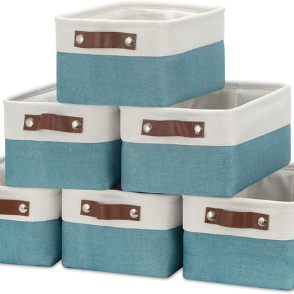 Storage Baskets Bins Set, (6 Pack) Small Fabric Baskets for Shelves, Baskets for Gifts Empty with Handles for Organizing Shelf Nursery Home Closet Clothes Room(White Teal, 11.8" X 7.8" X 5.1")