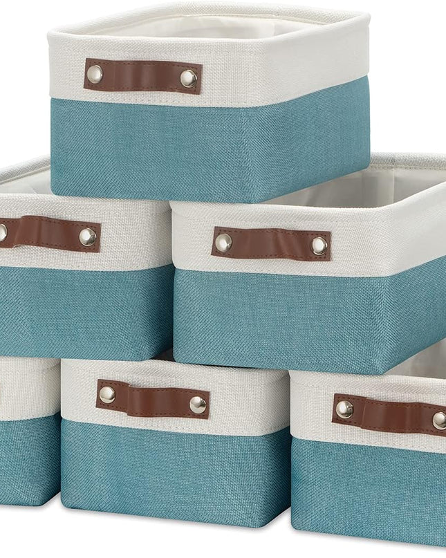 Storage Baskets Bins Set, (6 Pack) Small Fabric Baskets for Shelves, Baskets for Gifts Empty with Handles for Organizing Shelf Nursery Home Closet Clothes Room(White Teal, 11.8" X 7.8" X 5.1")