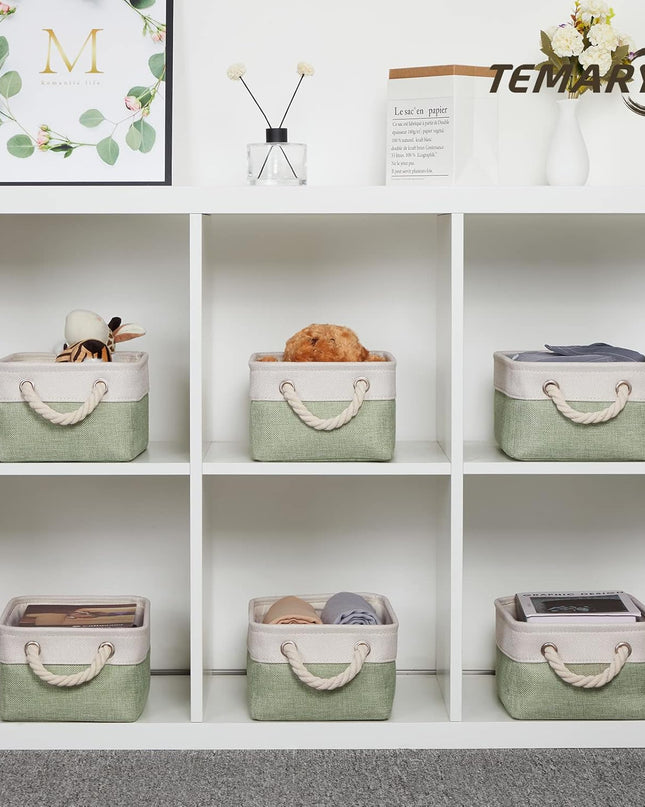 Small Storage Baskets Small Fabric Bins for Closet, 6 Pack Decorative Storage Boxes with Rope Handles for Organizing Clothes, Canvas Storage Basket(White&Green,11.8L X 7.9W X 5.3H Inches)