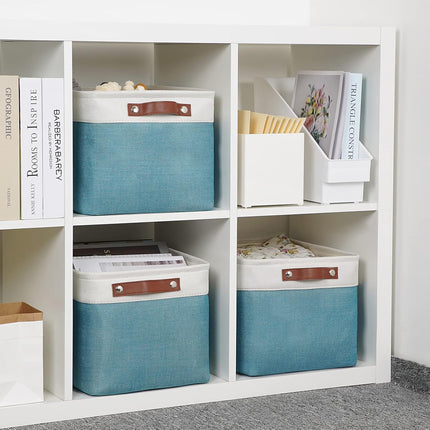 Storage Baskets for Shelves, Fabric Collapsible Rectangular Storage Bins for Shelves, Closets, Nursery, Home, Empty Gift Baskets (3-Pack Medium-15 Inch X 11 Inch X 9.5 Inch , White&Teal)