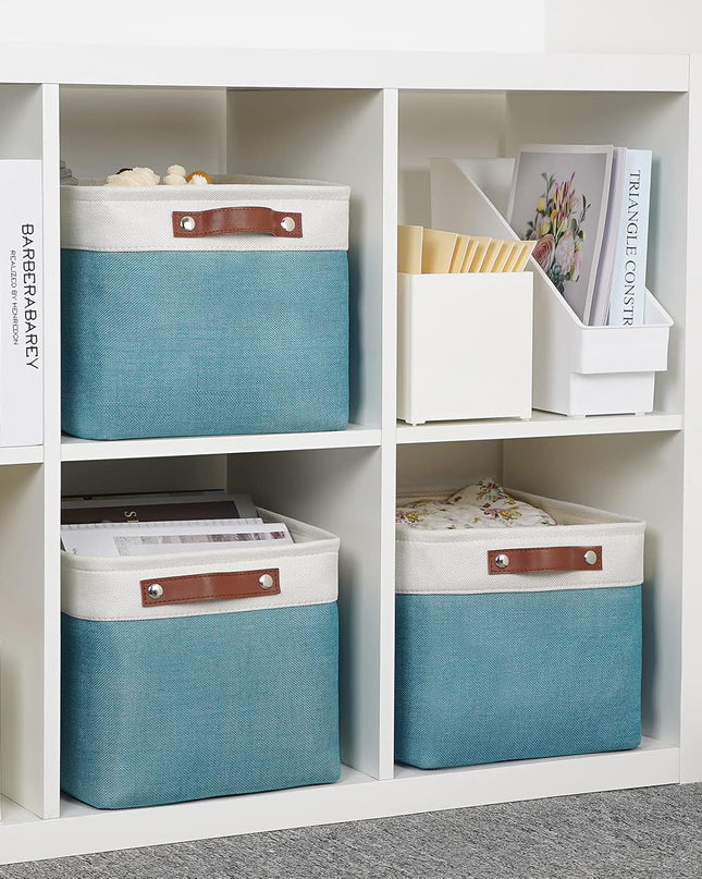 Storage Baskets for Shelves, Fabric Collapsible Rectangular Storage Bins for Shelves, Closets, Nursery, Home, Empty Gift Baskets (3-Pack Medium-15 Inch X 11 Inch X 9.5 Inch , White&Teal)