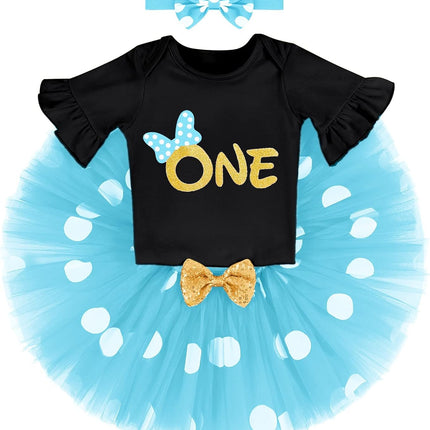 Baby Girl First Birthday Outfit Ruffle ONE Party Romper Polka Dots Tutu Skirt Headband Cake Smash Clothes Set