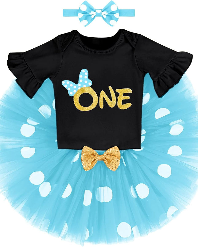 Baby Girl First Birthday Outfit Ruffle ONE Party Romper Polka Dots Tutu Skirt Headband Cake Smash Clothes Set