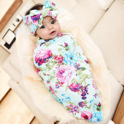 Receiving Blanket Headband Set Flower Print Baby Swaddle Receiving Blankets