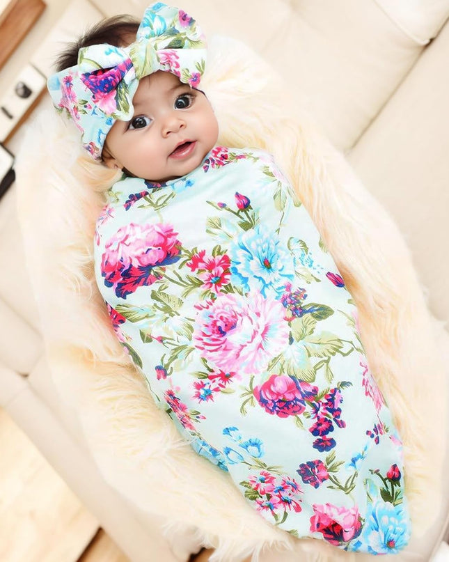 Receiving Blanket Headband Set Flower Print Baby Swaddle Receiving Blankets
