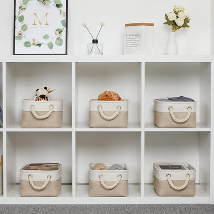Small Fabric Storage Baskets 6 Pcs Decorative Baskets Bins for Gifts Empty Foldable Storage Basket with Handles for Organizing Shelf, Towels (White&Khaki,11.8 L X 7.9 W X 5.3 H Inches)