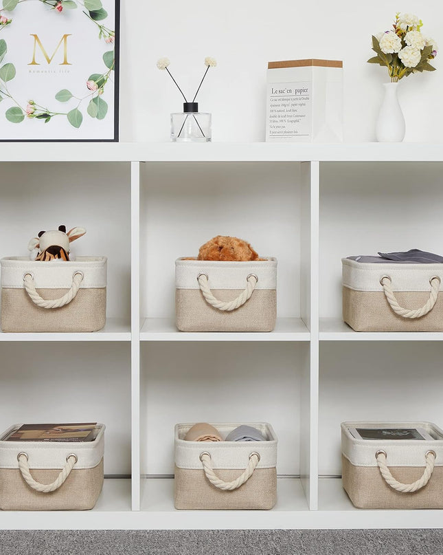 Small Fabric Storage Baskets 6 Pcs Decorative Baskets Bins for Gifts Empty Foldable Storage Basket with Handles for Organizing Shelf, Towels (White&Khaki,11.8 L X 7.9 W X 5.3 H Inches)