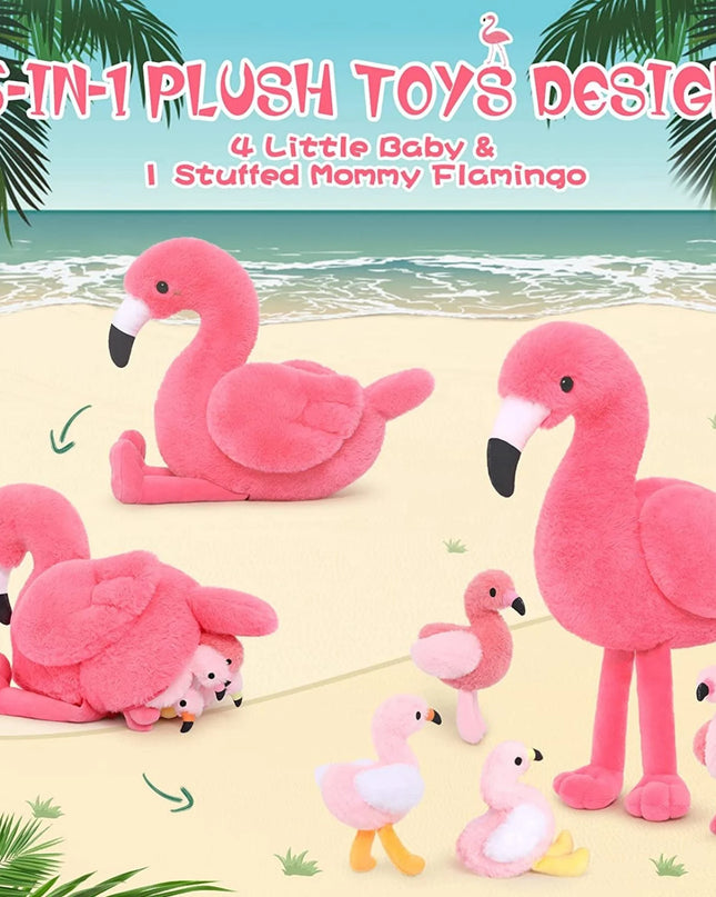 18'' Plush Flamingo Stuffed Animal Mommy Stuffed Flamingo with 4 Babies