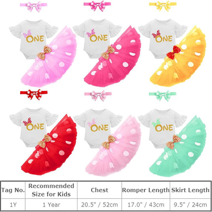 Baby Girl First Birthday Outfit Ruffle ONE Party Romper Polka Dots Tutu Skirt Headband Cake Smash Clothes Set