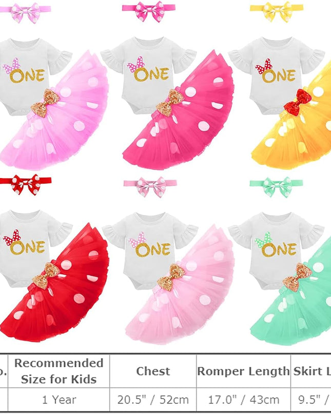 Baby Girl First Birthday Outfit Ruffle ONE Party Romper Polka Dots Tutu Skirt Headband Cake Smash Clothes Set