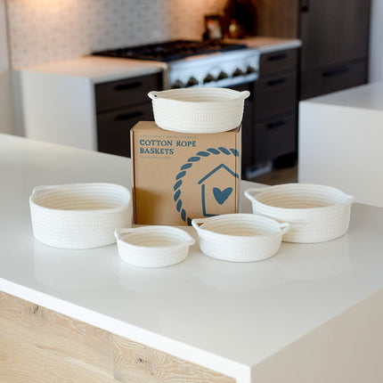 5-Piece round Small Woven Baskets Set– Cotton Rope Baskets for Organizing! Montessori Toys, Fruits Remotes Key Tray Bowl for Entryway Desk, Shallow Catchall Home Décor, Cat Dog Bin Gift