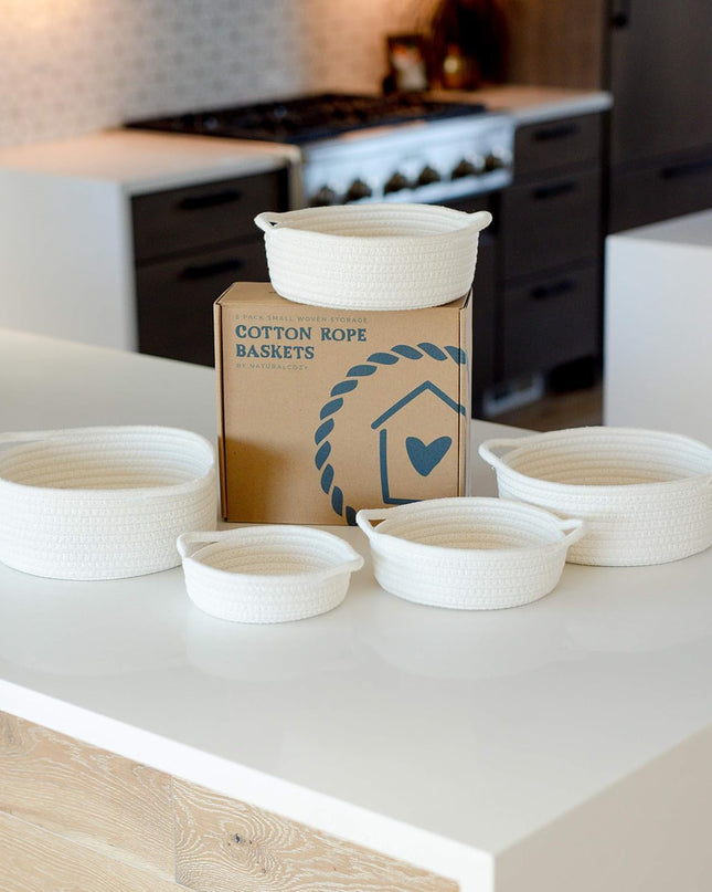 5-Piece round Small Woven Baskets Set– Cotton Rope Baskets for Organizing! Montessori Toys, Fruits Remotes Key Tray Bowl for Entryway Desk, Shallow Catchall Home Décor, Cat Dog Bin Gift