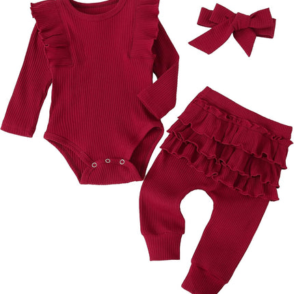 Baby Girl'S 3Pc Rib Frill Long Sleeve Romper and Pant Set