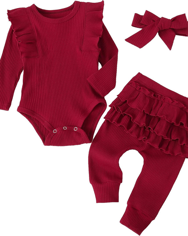 Baby Girl'S 3Pc Rib Frill Long Sleeve Romper and Pant Set