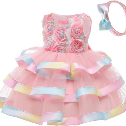 6M-6T Toddler Baby Girls Colorful Floral Tutu Gown Dress Party Evening Wedding Christmas Dance Dresses with Headwear