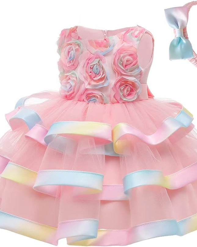 6M-6T Toddler Baby Girls Colorful Floral Tutu Gown Dress Party Evening Wedding Christmas Dance Dresses with Headwear