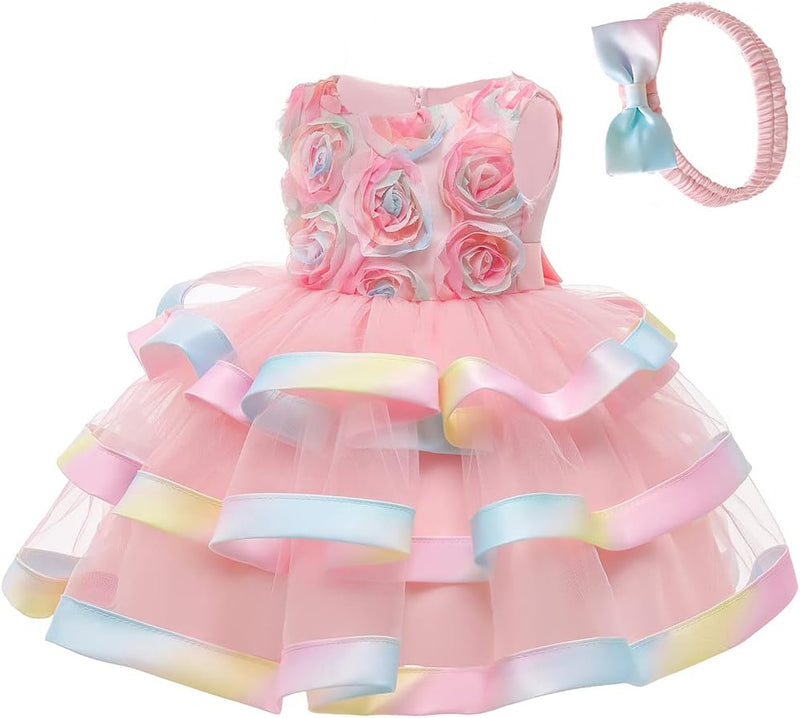 6M-6T Toddler Baby Girls Colorful Floral Tutu Gown Dress Party Evening Wedding Christmas Dance Dresses with Headwear