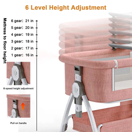Baby Bassinet, 5-In-1 Infant Bedside Crib with Changing Table and Locked Wheel, Adjustable Height, for 0-24 Months, Pink