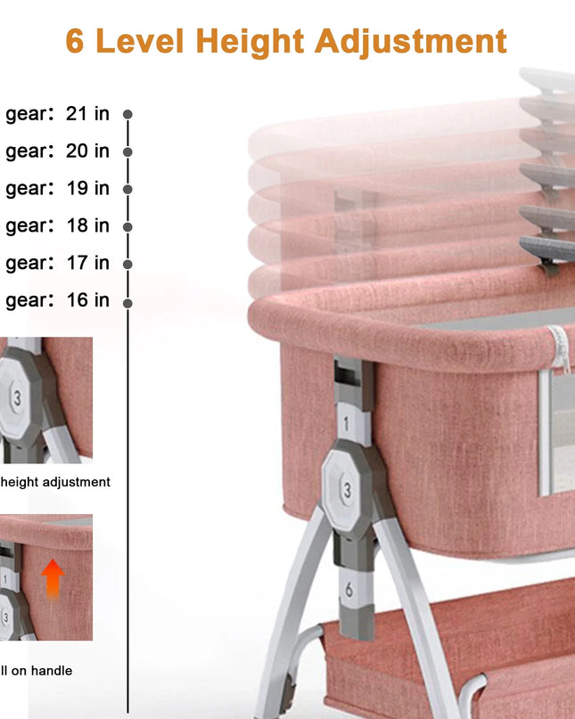 Baby Bassinet, 5-In-1 Infant Bedside Crib with Changing Table and Locked Wheel, Adjustable Height, for 0-24 Months, Pink