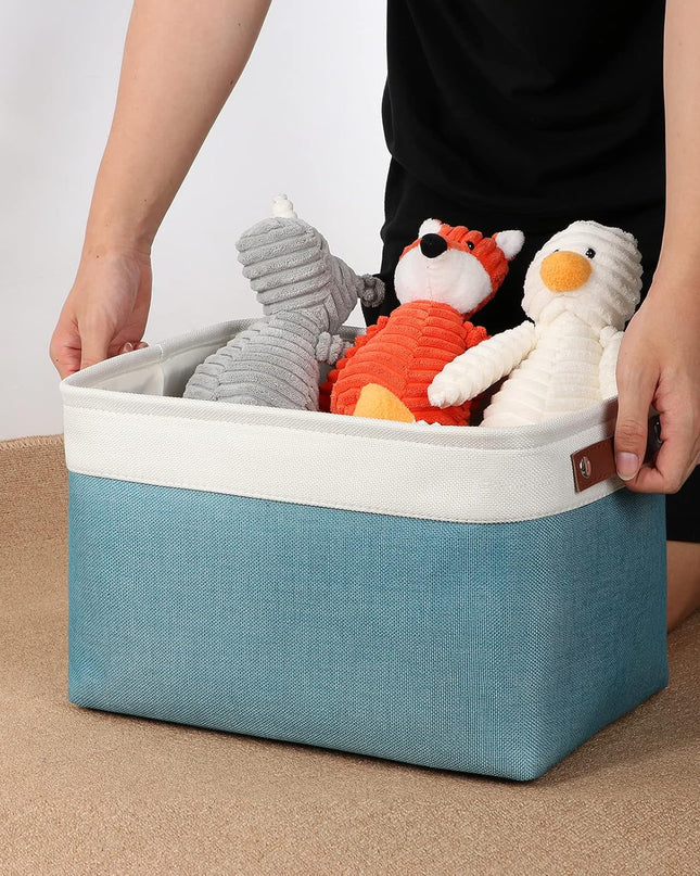 Storage Baskets for Shelves, Fabric Collapsible Rectangular Storage Bins for Shelves, Closets, Nursery, Home, Empty Gift Baskets (3-Pack Medium-15 Inch X 11 Inch X 9.5 Inch , White&Teal)