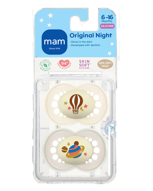Night Pacifier, 6-16 Months, Unisex, 2 Pack with Self-Sterilizing Case