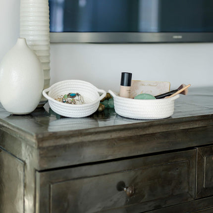 5-Piece round Small Woven Baskets Set– Cotton Rope Baskets for Organizing! Montessori Toys, Fruits Remotes Key Tray Bowl for Entryway Desk, Shallow Catchall Home Décor, Cat Dog Bin Gift