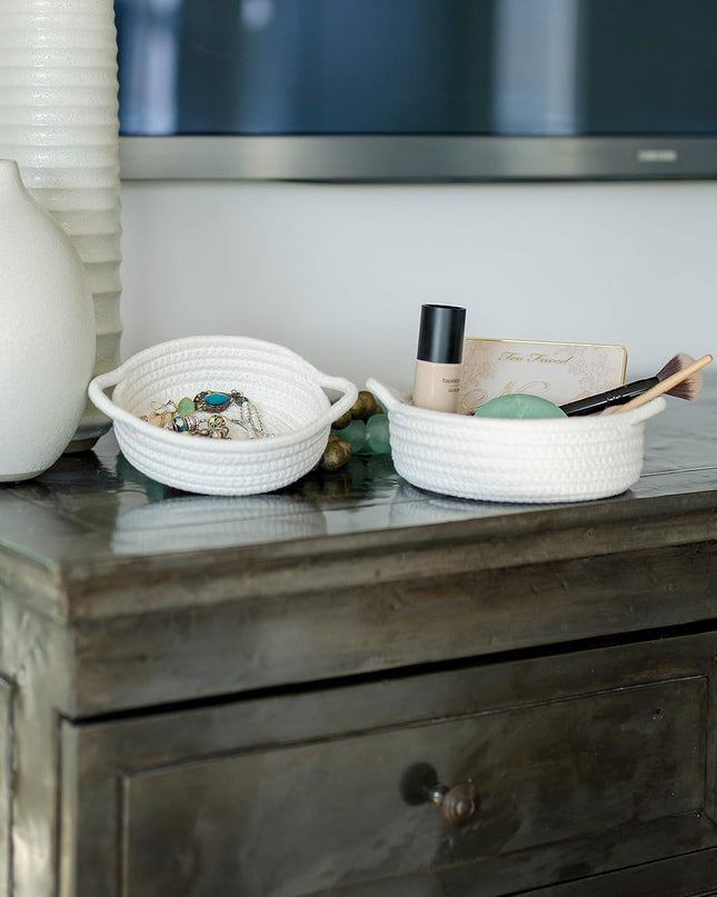 5-Piece round Small Woven Baskets Set– Cotton Rope Baskets for Organizing! Montessori Toys, Fruits Remotes Key Tray Bowl for Entryway Desk, Shallow Catchall Home Décor, Cat Dog Bin Gift