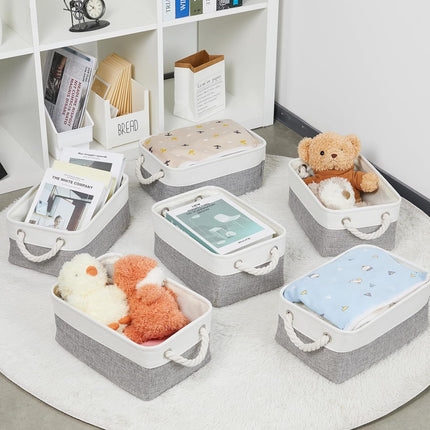 Small Baskets for Organizing Fabric Storage Baskets for Shleves 6 Pack Collapsible Closet Storage Bins with Handles Linen Organizer Baskets for Bathroom Nursery Home Storage (White&Grey)