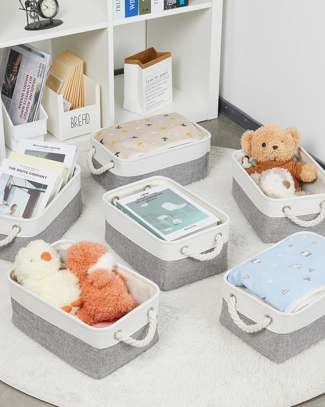 Small Baskets for Organizing Fabric Storage Baskets for Shleves 6 Pack Collapsible Closet Storage Bins with Handles Linen Organizer Baskets for Bathroom Nursery Home Storage (White&Grey)