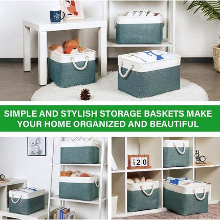 Fabric Storage Baskets for Shelves 3 Pack Large Storage Bins for Organizing Linen Collapsible Organizer for Closet-Deep Green