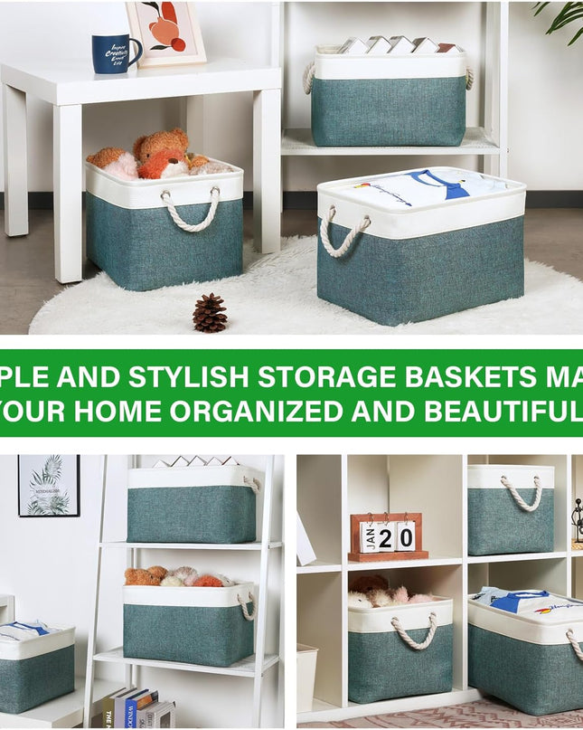 Fabric Storage Baskets for Shelves 3 Pack Large Storage Bins for Organizing Linen Collapsible Organizer for Closet-Deep Green