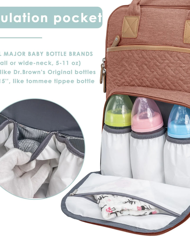 Baby Diaper Bag with Changing Pad,  Large Capacity Travel Backpack with Insulated Milk Bottle Pocket, Pink
