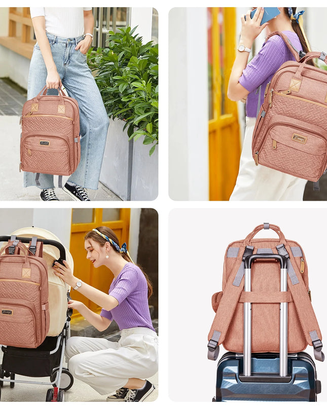 Baby Diaper Bag with Changing Pad,  Large Capacity Travel Backpack with Insulated Milk Bottle Pocket, Pink