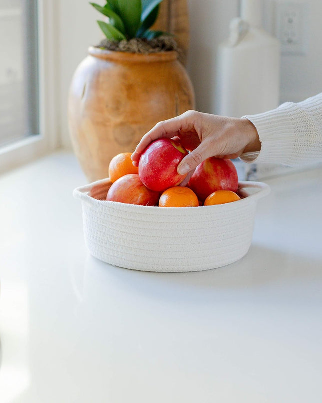 5-Piece round Small Woven Baskets Set– Cotton Rope Baskets for Organizing! Montessori Toys, Fruits Remotes Key Tray Bowl for Entryway Desk, Shallow Catchall Home Décor, Cat Dog Bin Gift