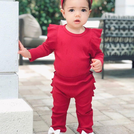 Baby Girl'S 3Pc Rib Frill Long Sleeve Romper and Pant Set